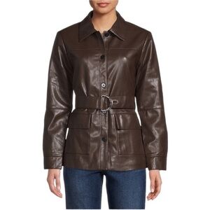nwt Elie Tahari Faux Leather Jacket Belted Button Down Coat Brown Size Medium